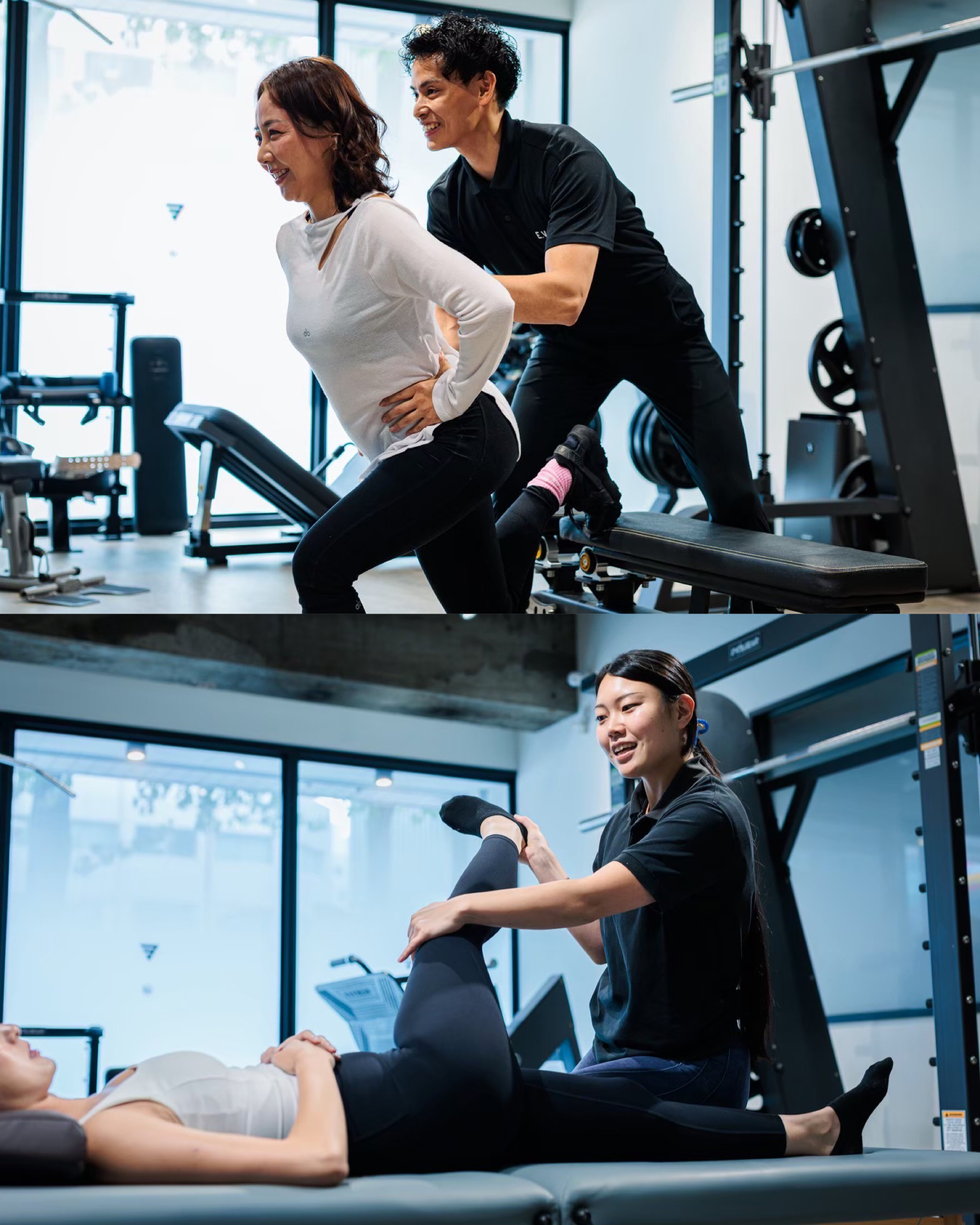 当ジムのトレーナーと顧客のセッションの様子。ストレッチとトレーニング。